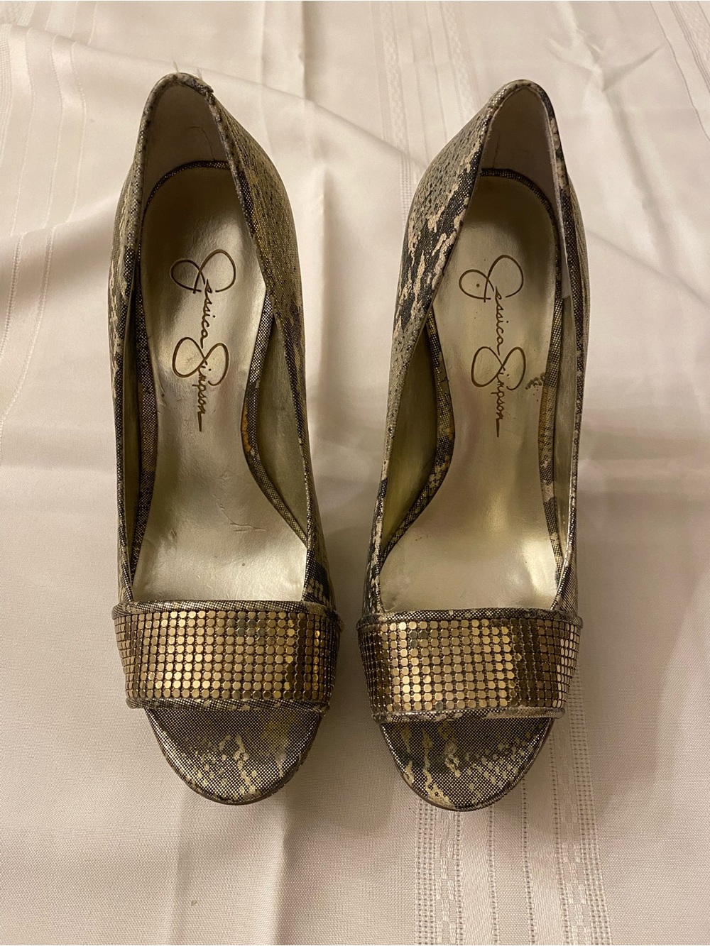 Jessica Simpson Metallic Gold Snake-Print Peep Toe Heels